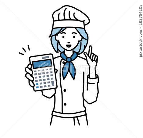 A woman who is a cook standing and holding a calculator and showing it to us 102784105