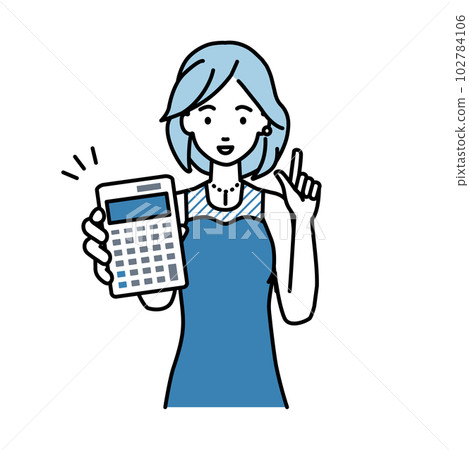 A woman in a dress standing and holding a calculator and showing it to us 102784106