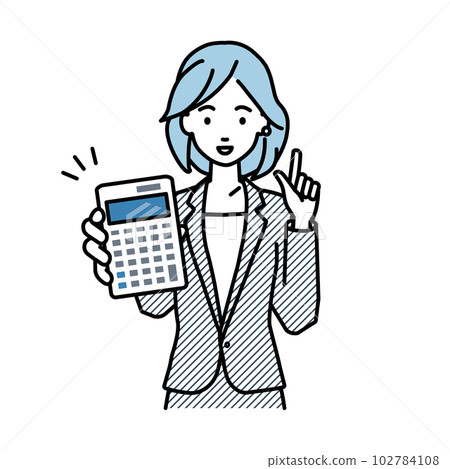 一個穿著西裝的女人站著拿著計算器 102784108