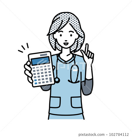 一位女護士站著拿著計算器給我們看 一位女護士站著拿著計算器給我們看 102784112