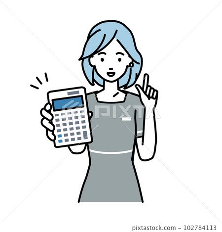 一位女士,她是美容院的店員、接待員和服務員,她站著拿著計算器給我看 一位女士,她是美容院的店員、接待員和服務員,她站著拿著計算器給我看 102784113