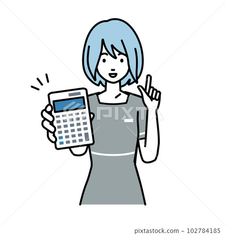 一位女士，她是美容院的店員、接待員和服務員，她站著拿著計算器給我看 102784185