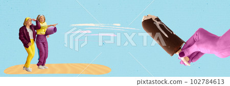 Two senior women in sportswear after training looking on hand with melting ice cream. Summer resting. Contemporary art collage. Two senior women in sportswear after training looking on hand with melting ice cream. Summer resting. Contemporary art collage. 102784613