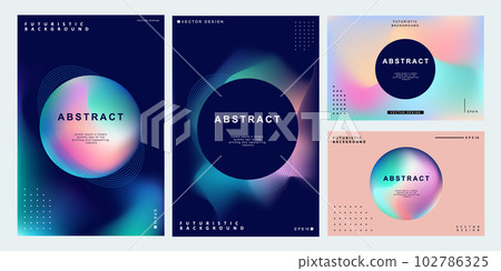 Set of colorful posters. Circle shape with neon lights. Abstract background with liquid gradient for banner, cover, social media posts. 102786325