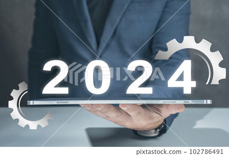 2024 gear icon. Business Process, Team, teamwork, Goal, Target, Resolution, strategy, plan, Action, motivation, change, brainstorm and 2024 New Year start concepts 102786491