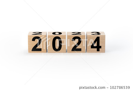 Start new year 2024 with goal plan, goal concept, action plan, strategy, new year business vision. Wooden cube with flip over block 2022 to 2023 word. 102786539