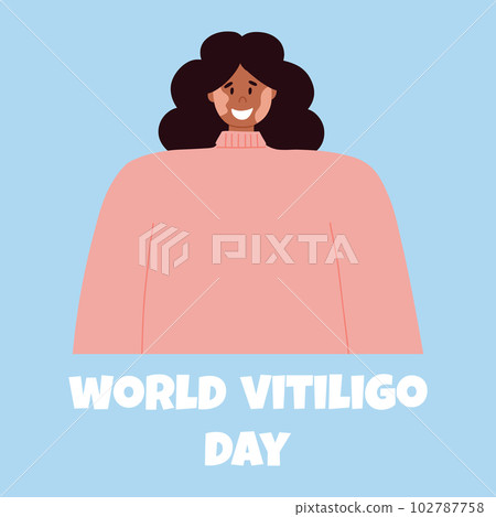 A woman with vitiligo skin disease accepts her appearance, loves herself. World Vitiligo Day. vector illustration. Poster with a happy girl with vitiligo. 102787758