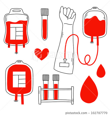 Blood donation set in doodle style. Vector illustration. Linear collection of elements with blood. Blood bag, test tube with blood. Blood analysis. 102787770