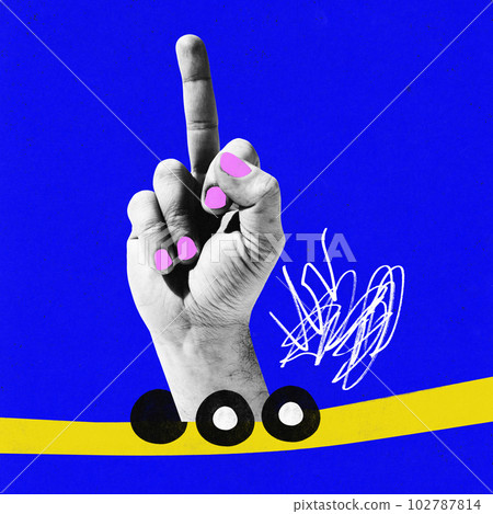 Contemporary art collage of female palm showing middle finger over blue color background. Concept of gestures, competition, business 102787814