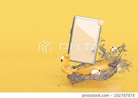 3d hand holding smartphone with water splash, flamingo, podium isolated on yellow background. hand using mobile phone, online shopping, summer travel vacation concept, 3d render illustration 3d hand holding smartphone with water splash, flamingo, podium isolated on yellow background. hand using mobile phone, online shopping, summer travel vacation concept, 3d render illustration 102787878