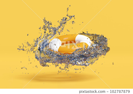 orange swim ring with water splash isolated on yellow background. summer travel concept, 3d illustration or 3d render orange swim ring with water splash isolated on yellow background. summer travel concept, 3d illustration or 3d render 102787879