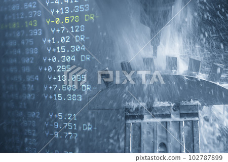 Abstract scene the 5-axis machining center cutting the water turbine blade part and G-code data background. 102787899