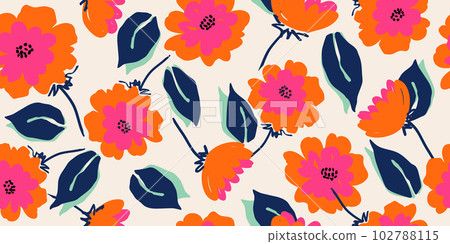 Hand drawn flowers, seamless patterns with floral for fabric, textiles, clothing, wrapping paper, cover, banner, interior decor, abstract backgrounds. 102788115