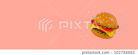 Delicious cheese burger icon 3d illustration on pink background. Banner for a cafe with a juicy hamburger on the background, space for text and advertising Delicious cheese burger icon 3d illustration on pink background. Banner for a cafe with a juicy hamburger on the background, space for text and advertising 102788883