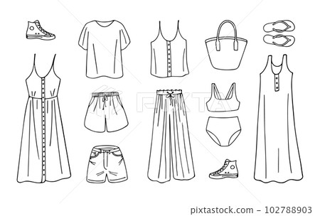 Doodle set of woman summer clothes. 102788903