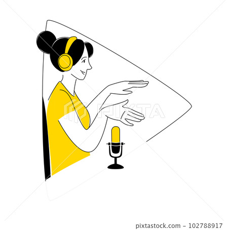 Radio host doodle drawing. Female podcaster speaking to mic microphone 102788917