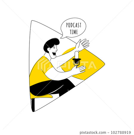 Radio host doodle drawing. Female podcaster speaking to mic microphone 102788919