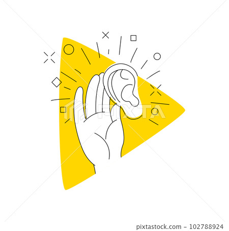 Logo podcast radio broadcast. Hand ear earphone hear gesture Logo podcast radio broadcast. Hand ear earphone hear gesture 102788924