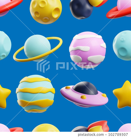 Seamless pattern with planets and flying saucers 3D style 102789307