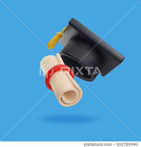 Realistic 3d vector illustration, icon of Graduate college, high school or university cap with paper scroll with badge 102789346