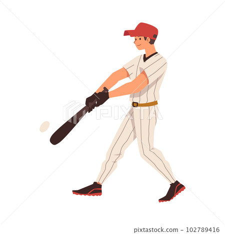 Baseball hitter batting ball with bat, flat vector illustration isolated on white background. Baseball hitter batting ball with bat, flat vector illustration isolated on white background. 102789416