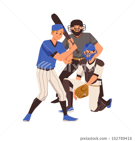 Baseball players - batter, catcher and pitcher, flat vector illustration isolated on white background. Baseball players - batter, catcher and pitcher, flat vector illustration isolated on white background. 102789418