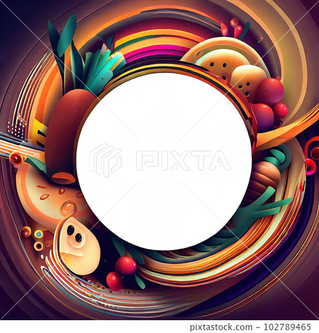 Abstract design of a circular frame with Variety of fruits and vegetables around it, used for banners, flyers, posters, advertisements Abstract design of a circular frame with Variety of fruits and vegetables around it, used for banners, flyers, posters, advertisements 102789465
