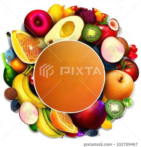Abstract design of a circular frame with Variety of fruits and vegetables around it, used for banners, flyers, posters, advertisements Abstract design of a circular frame with Variety of fruits and vegetables around it, used for banners, flyers, posters, advertisements 102789467