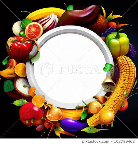 Abstract design of a circular frame with Variety of fruits and vegetables around it, used for banners, flyers, posters, advertisements  102789468