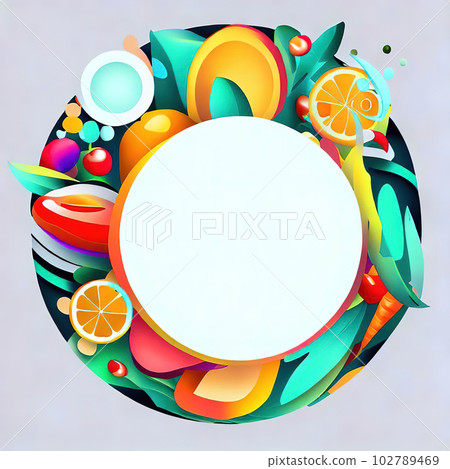 Abstract design of a circular frame with Variety of fruits and vegetables around it, used for banners, flyers, posters, advertisements Abstract design of a circular frame with Variety of fruits and vegetables around it, used for banners, flyers, posters, advertisements 102789469