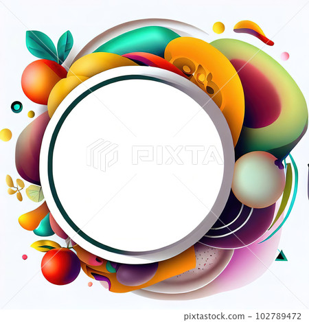 Abstract design of a circular frame with Variety of fruits and vegetables around it, used for banners, flyers, posters, advertisements  102789472