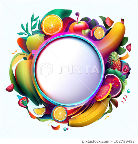 Abstract design of a circular frame with Variety of fruits and vegetables around it, used for banners, flyers, posters, advertisements  102789482