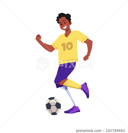 Happy young boy with leg prosthesis playing football flat style Happy young boy with leg prosthesis playing football flat style 102789483