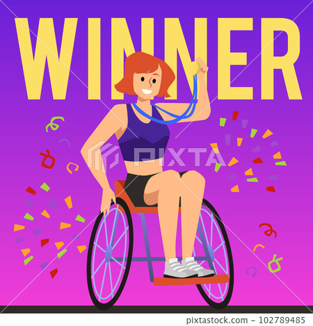 Squared banner with happy winner woman in wheelchair flat style Squared banner with happy winner woman in wheelchair flat style 102789485