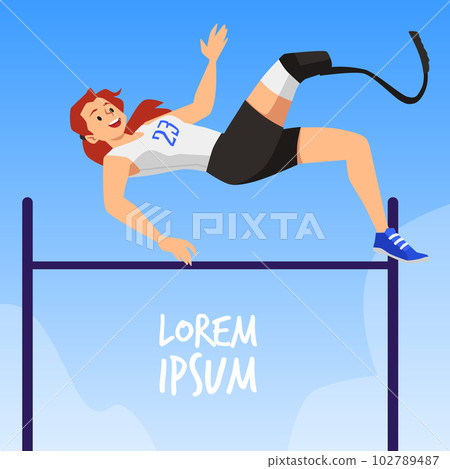 Squared banner with disabled woman high-jumping athlete flat style Squared banner with disabled woman high-jumping athlete flat style 102789487