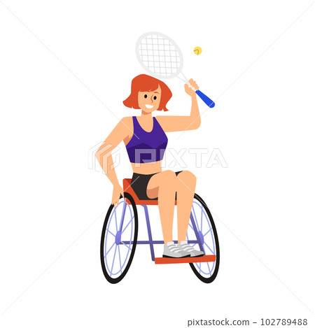 Woman with disabilities in wheelchair playing tennis sport game, flat vector. Woman with disabilities in wheelchair playing tennis sport game, flat vector. 102789488
