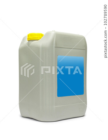 Plastic canister with compressor oil on a white background. Plastic canister with compressor oil on a white background. 102789590