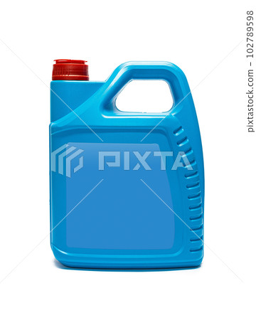 Plastic canister with compressor oil on a white background. Plastic canister with compressor oil on a white background. 102789598