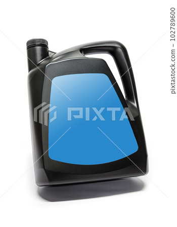 Plastic canister with compressor oil on a white background. Plastic canister with compressor oil on a white background. 102789600