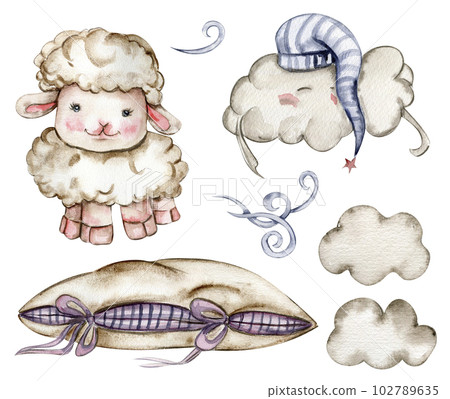 Watercolor hand drawn cute white fluffy sheep, clouds and soft pillows. Illustration of farm baby animal on a white background.Perfect for wedding invitation, greetings card, posters, fabric patterns. 102789635
