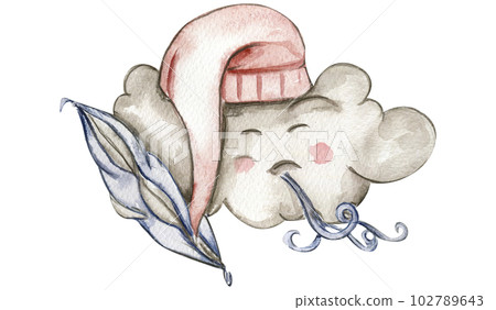 Watercolor hand drawn cute white sleeping clouds in cartoon style. Illustration for baby on a white background. Perfect for wedding invitation, greetings card, posters, fabric patterns. Watercolor hand drawn cute white sleeping clouds in cartoon style. Illustration for baby on a white background. Perfect for wedding invitation, greetings card, posters, fabric patterns. 102789643