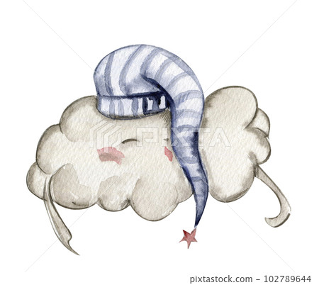 Watercolor hand drawn cute white sleeping clouds in cartoon style. Illustration for baby on a white background. Perfect for wedding invitation, greetings card, posters, fabric patterns. Watercolor hand drawn cute white sleeping clouds in cartoon style. Illustration for baby on a white background. Perfect for wedding invitation, greetings card, posters, fabric patterns. 102789644