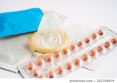 Birth control pills and condom, contraception health and medicine. 102789974