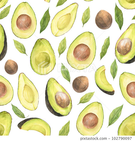 Watercolor seamless pattern with illustration of appetizing green sliced hass avocados with pit and leaves on white background. 102790097