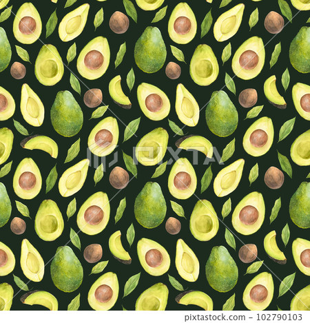 Watercolor seamless pattern with illustration of appetizing green sliced hass avocados with pit and leaves on dark background. 102790103