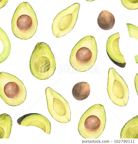 Watercolor seamless pattern with illustration of appetizing green sliced hass avocados with pit on white background. Watercolor seamless pattern with illustration of appetizing green sliced hass avocados with pit on white background. 102790111