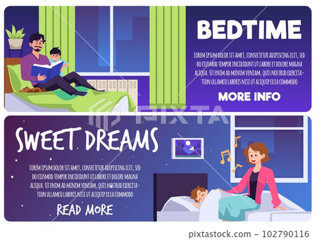 Bedtime and sweet dreams banners or flyers set, flat vector illustration. 102790116