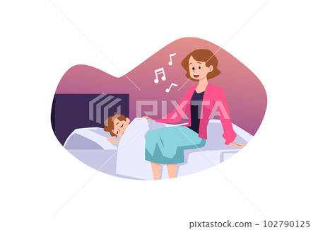 Mom sings lullaby to baby before going to bed flat vector illustration isolated. Mom sings lullaby to baby before going to bed flat vector illustration isolated. 102790125