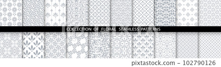 Geometric floral set of seamless patterns. White and gray vector backgrounds. Damask graphic ornaments 102790126