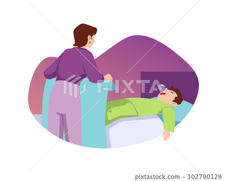 Mother covers sleeping boy with blanket, flat vector illustration isolated on white background. 102790129